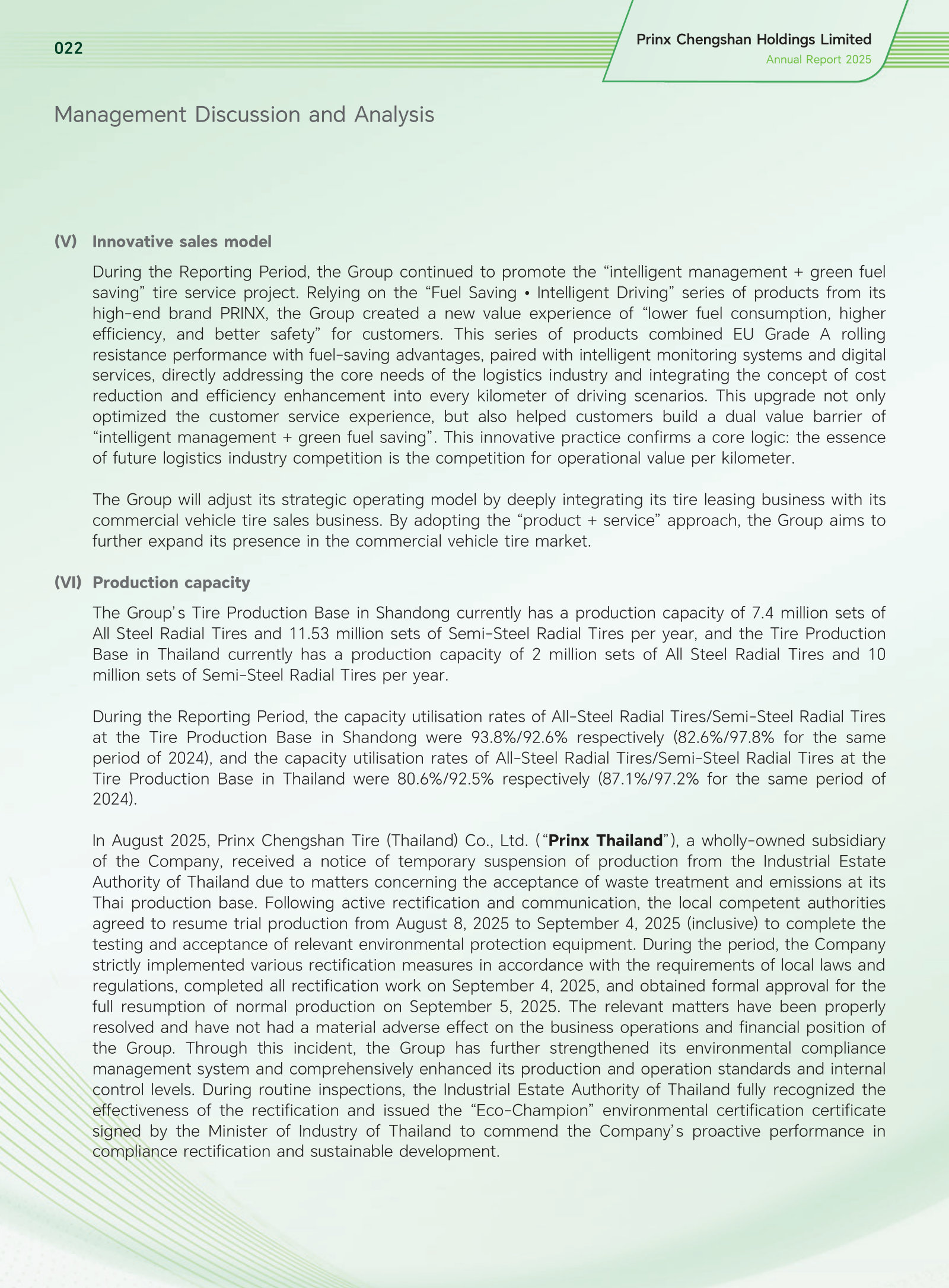 Capacity and utilisation by base, and the August 2025 Thailand production suspension and rectification.